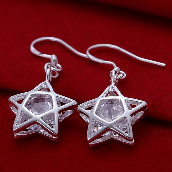 925 Silver Plated CZ Dangle Star Earrings - Picture 4 of 8